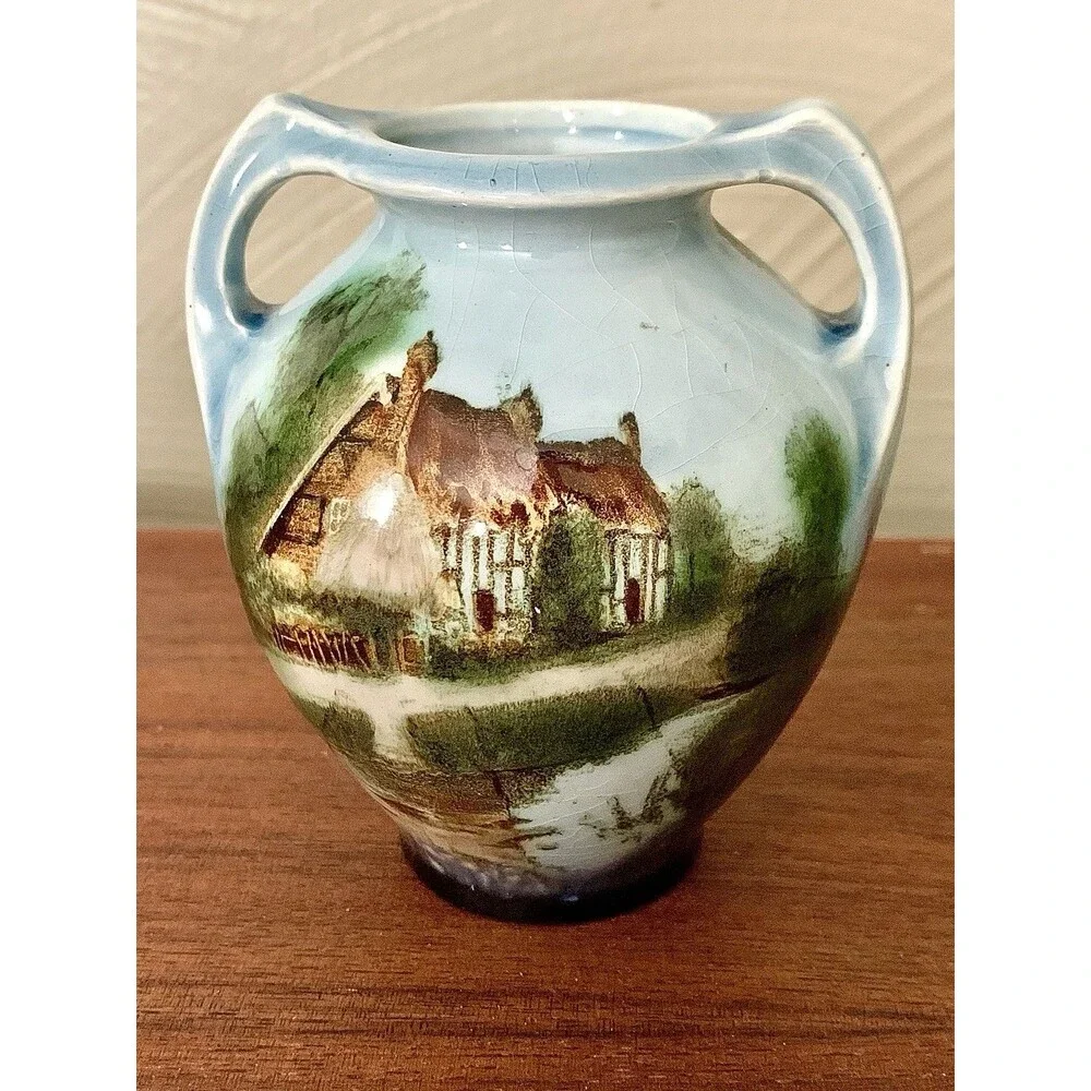 Antique Hand Painted Twin Handled Urn Vase English Cottage Landscape Ceramic 4